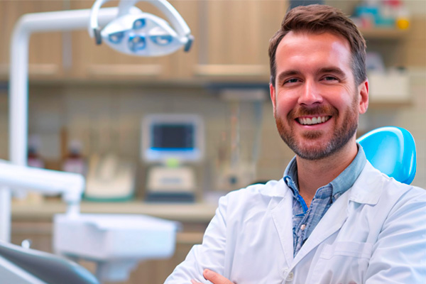 dentiste libéral souriant dans son cabinet - R.Daniel Courtage