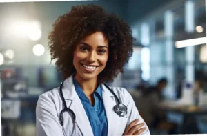Femme médecin souriante, bras croisés, avec un stéthoscope