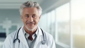 Médecin expérimenté souriant en blouse blanche