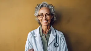 Femme médecin aux cheveux gris souriante en blouse blanche