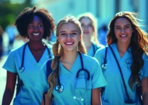 Groupe d’étudiantes en médecine souriantes en tenue bleue
