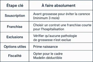 Tableau des étapes clés : souscription, franchise, exclusions, options utiles, fiscalité