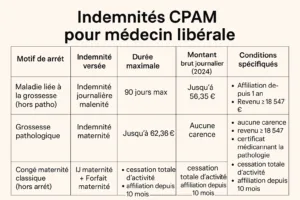 Tableau des indemnités CPAM pour médecin libérale : maladie liée à la grossesse, grossesse pathologique, congé maternité