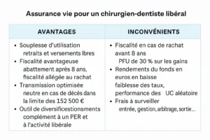 Tableau des avantages et inconvénients de l’assurance vie pour un chirurgien-dentiste libéral