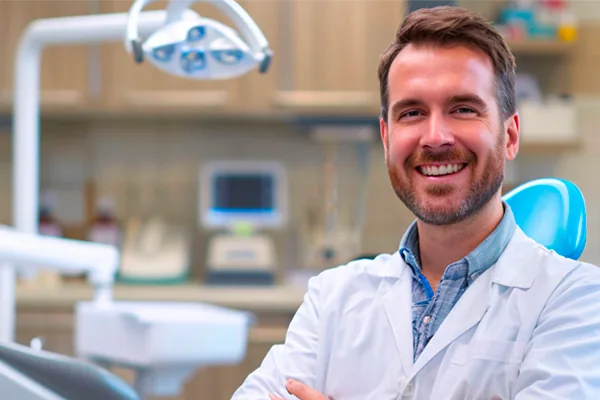 dentiste libéral souriant dans son cabinet - R.Daniel Courtage