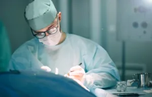 Chirurgien en tenue stérile pendant une opération