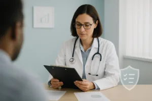 Médecin en consultation évaluant l’invalidité professionnelle d’un patient