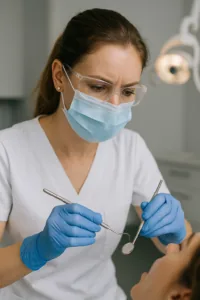 Chirurgienne-dentiste masquée soignant un patient