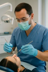 Chirurgien-dentiste soignant un patient allongé sur le fauteuil