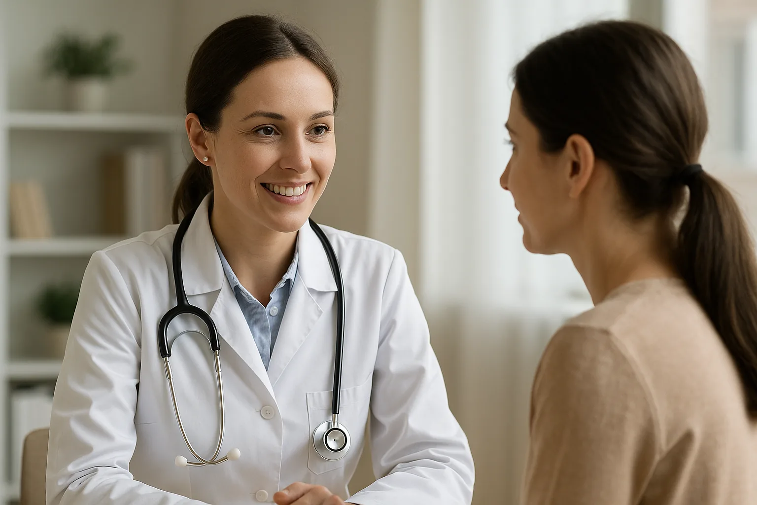 Femme médecin généraliste souriante en consultation avec une patiente