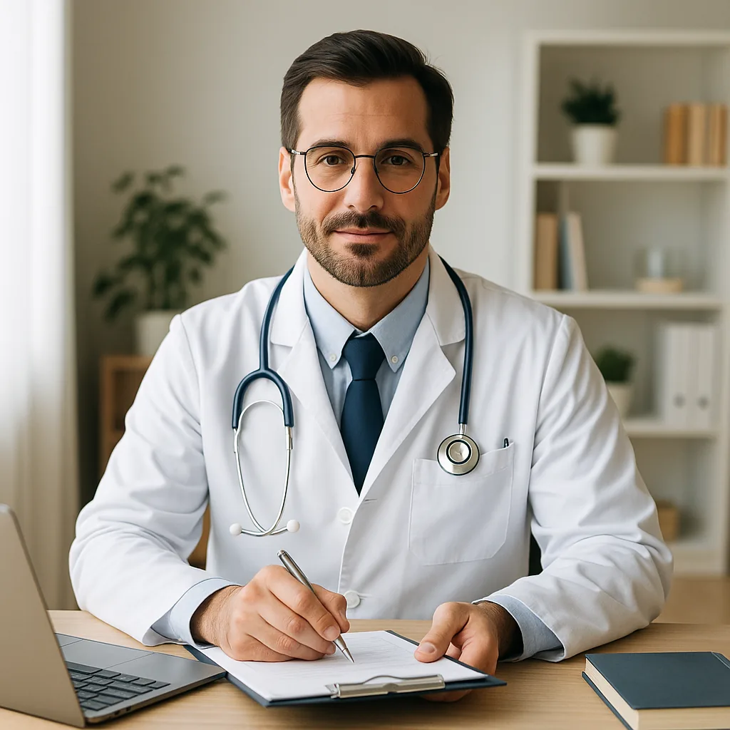 Médecin libéral signant son contrat d’assurance prévoyance à son bureau
