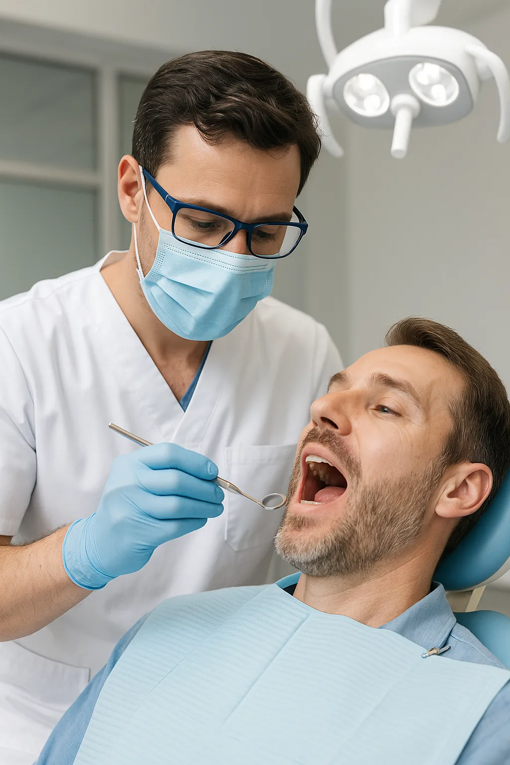 Chirurgien-dentiste masqué examinant la bouche d’un patient