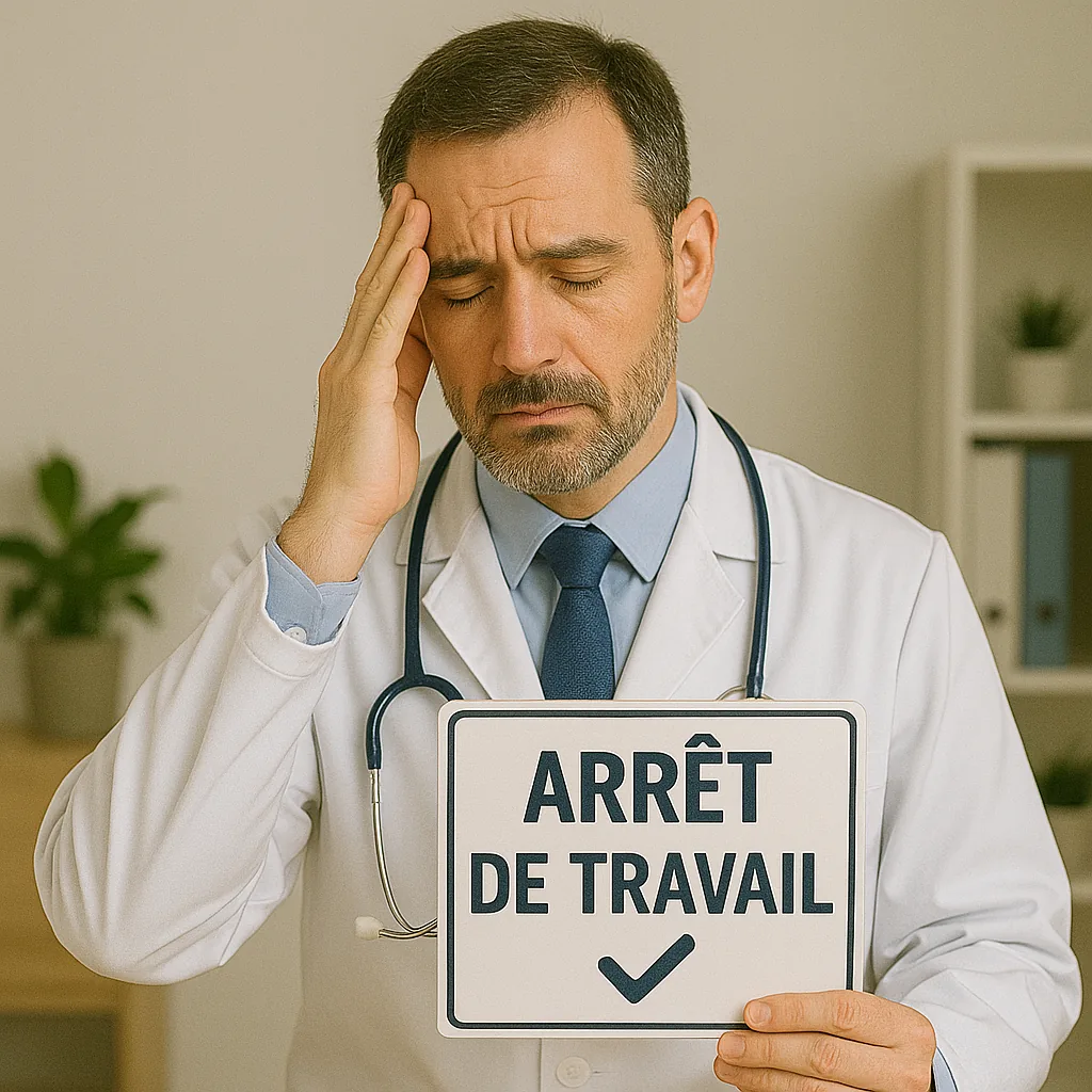 Médecin fatigué tenant un panneau « arrêt de travail »