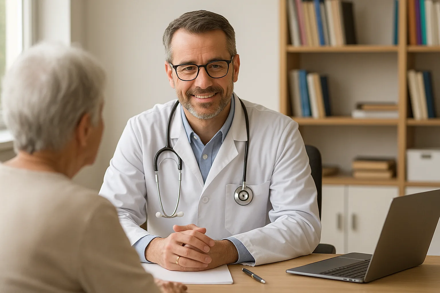 Médecin généraliste souriant en consultation avec un patient senior