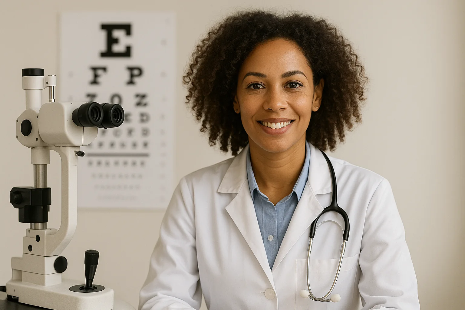 Ophtalmologue souriante devant un tableau de lecture de la vue