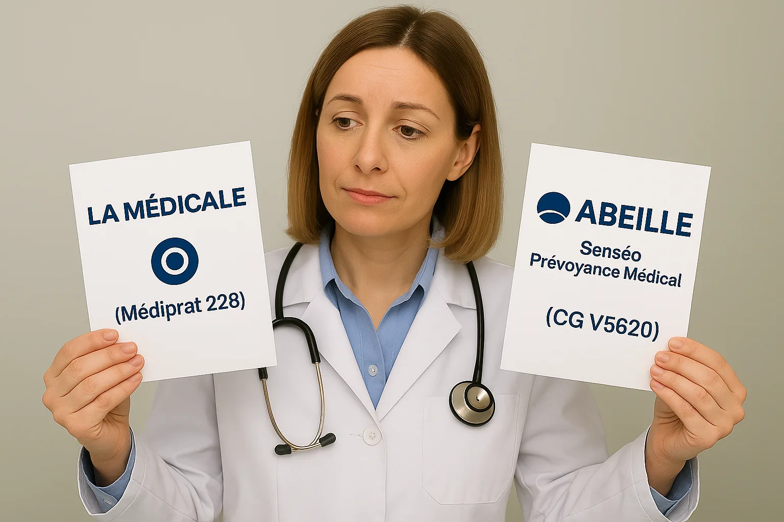 Femme médecin comparant le contrat La Médicale Médiprat 228 et le contrat Abeille Senséo Prévoyance Médical