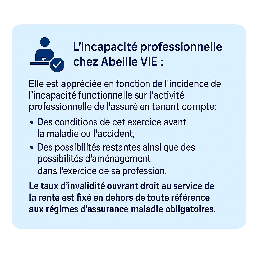 Définition de l’incapacité professionnelle chez Abeille Vie : le taux d’invalidité est fixé hors de toute référence aux régimes obligatoires
