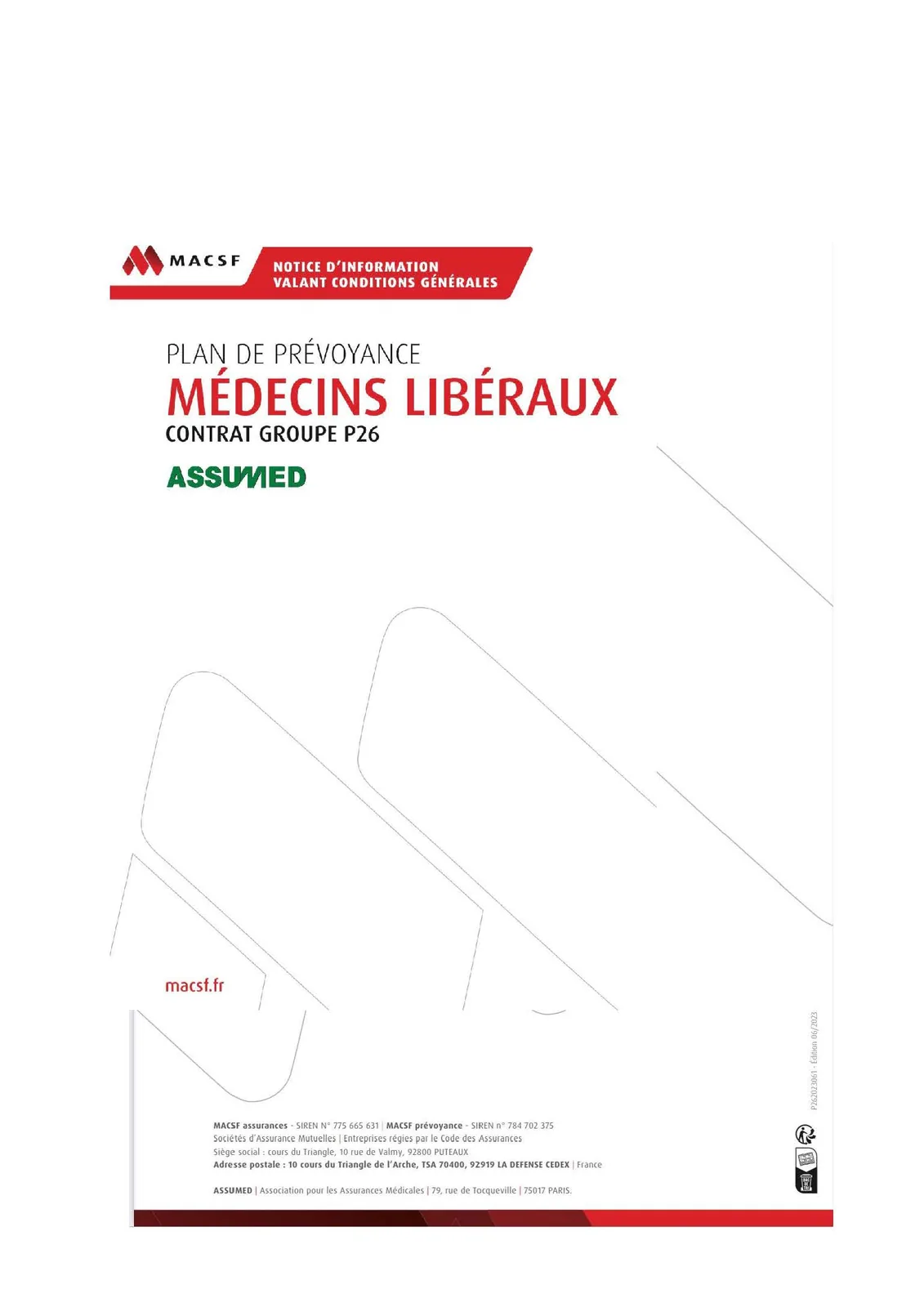 Couverture de la notice d’information du plan de prévoyance médecins libéraux MACSF, contrat groupe P26