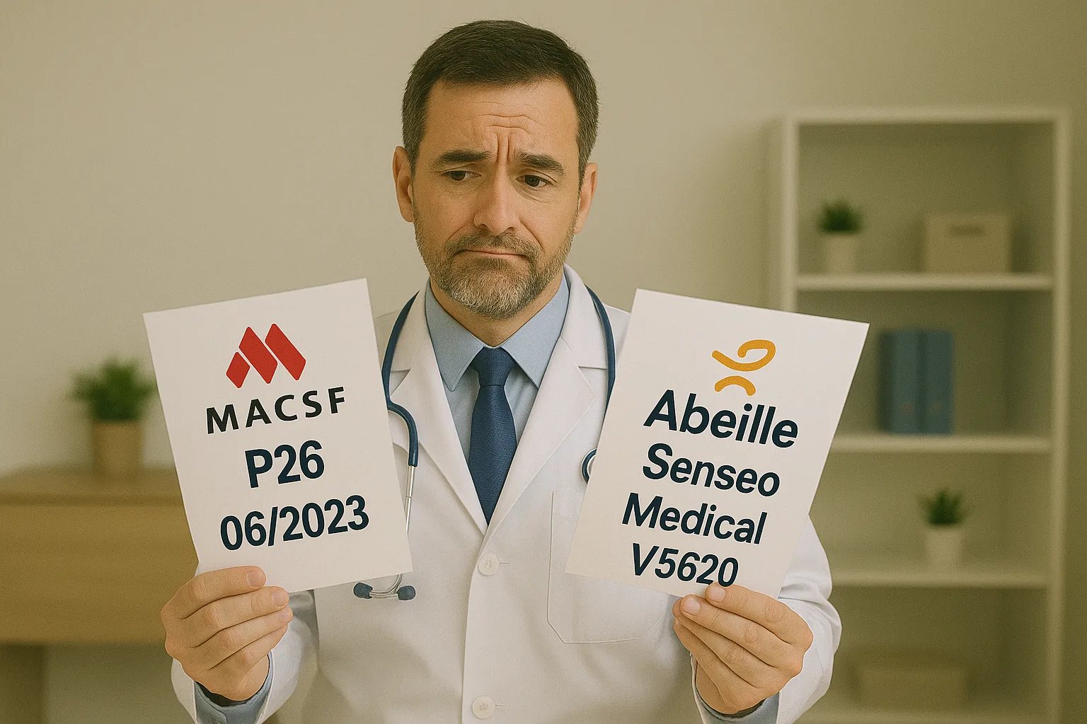 Médecin comparant le contrat MACSF P26 de juin 2023 et le contrat Abeille Senséo Médical V5620