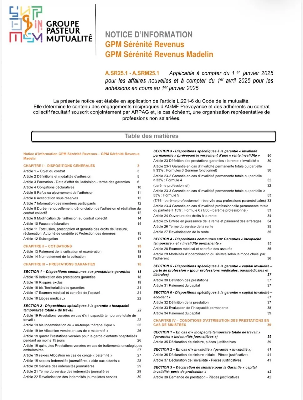 Première page de la notice d’information GPM Sérénité Revenus et Sérénité Revenus Madelin