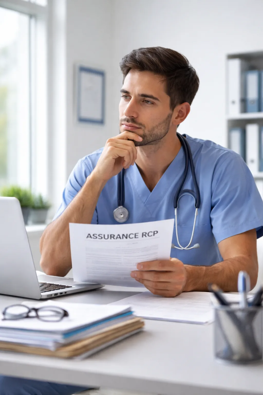 Jeune médecin réfléchissant au choix de son contrat d’assurance RCP