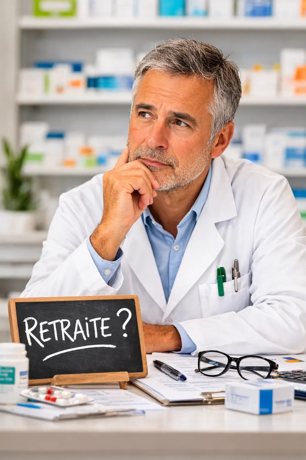 Pharmacien pensif dans son officine devant une ardoise « Retraite ? »