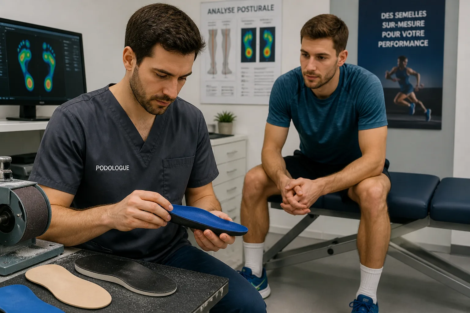 Podologue présentant des semelles orthopédiques à un sportif
