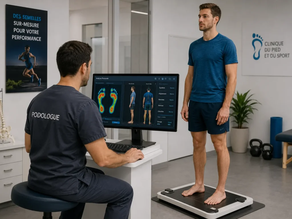 Podologue analysant la posture d’un sportif sur une plateforme
