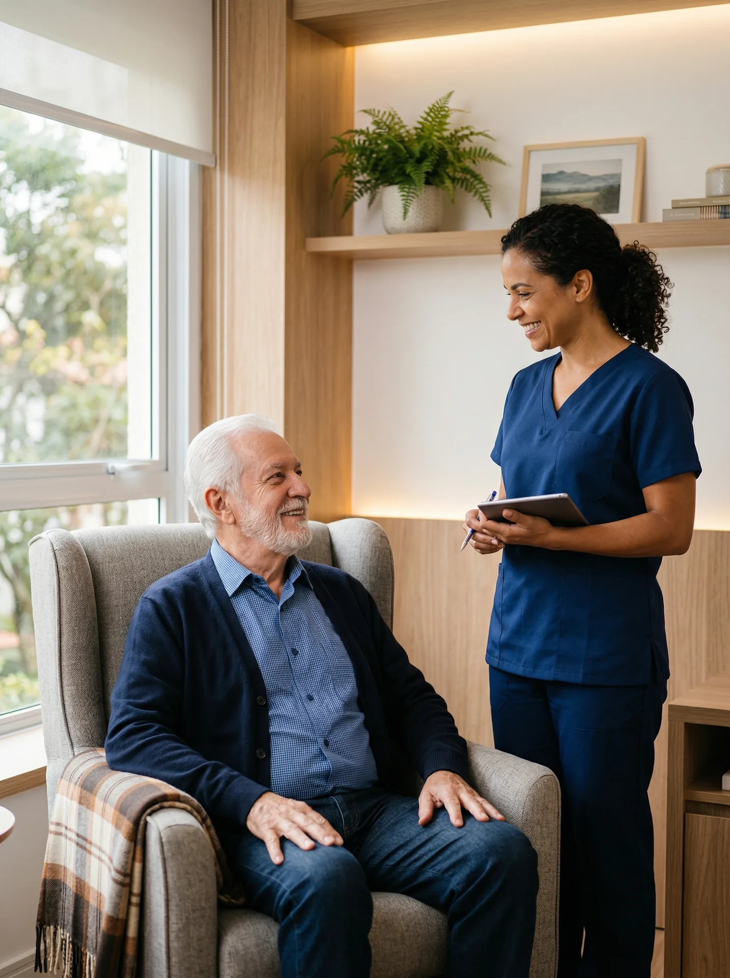 Infirmière libérale en visite à domicile chez un patient senior