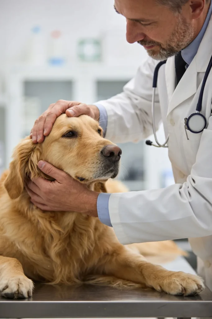 Un vétérinaire examine un golden retriever dans sa clinique